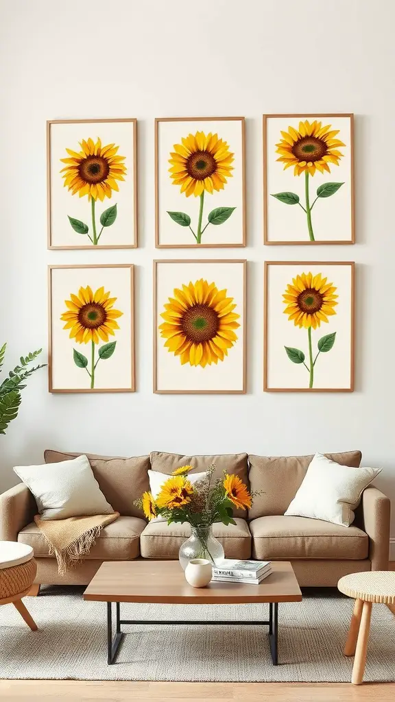 A collection of six sunflower wall art prints arranged in a grid above a beige couch with a coffee table, flowers, and decor.