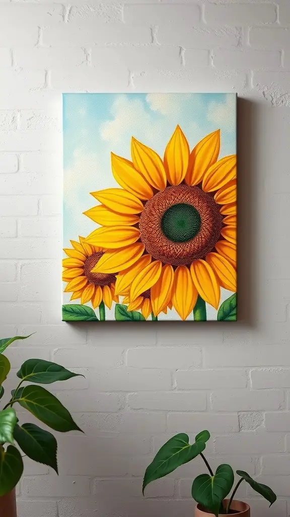 Vibrant sunflower wall art on canvas featuring two sunflowers against a blue sky.
