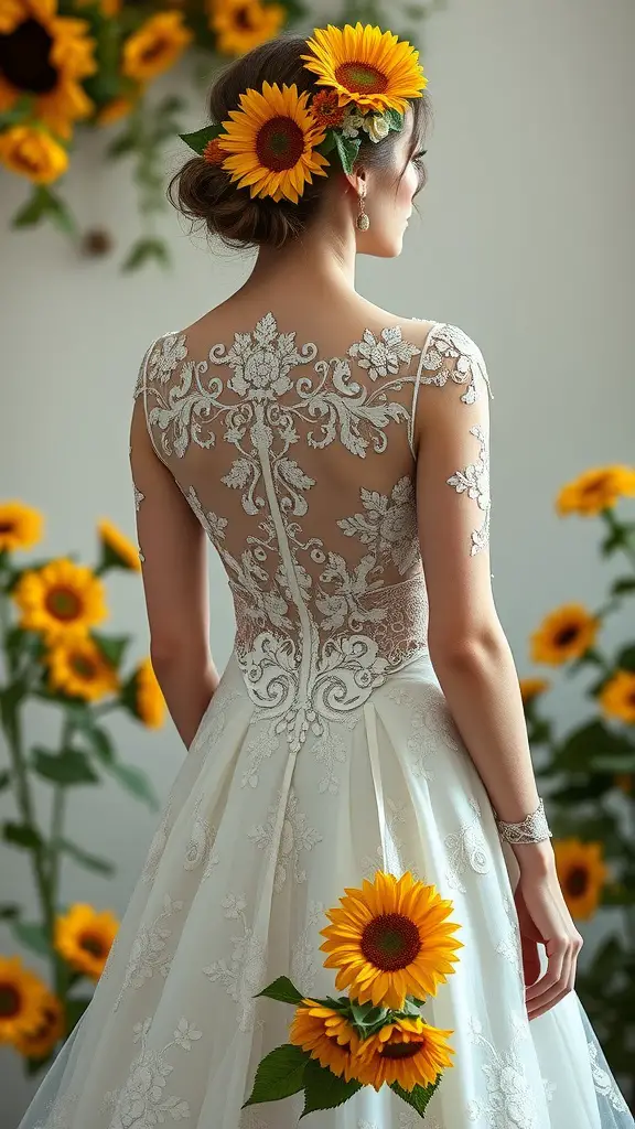 A bride wearing a sunflower-themed wedding dress with sunflowers in her hair and on the back of her gown.