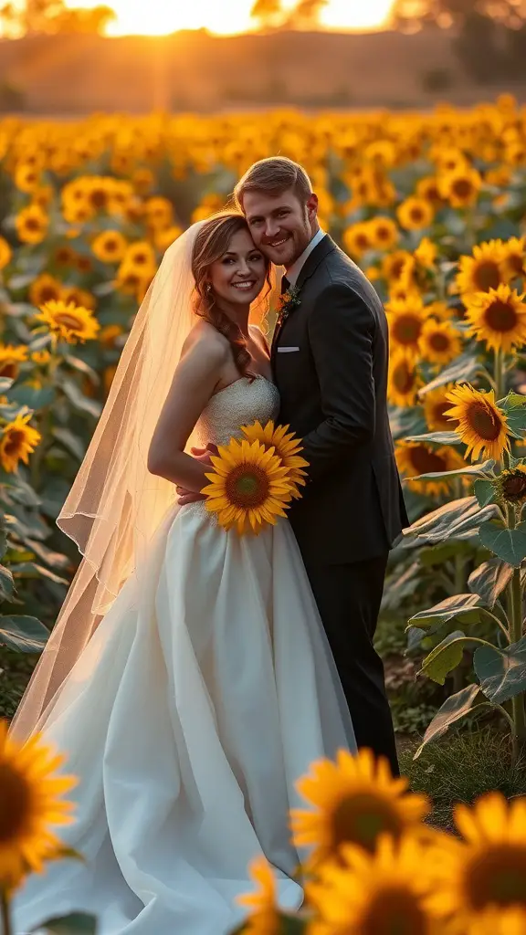 A couple embracing in a sunflower field during sunset, holding a sunflower bouquet.