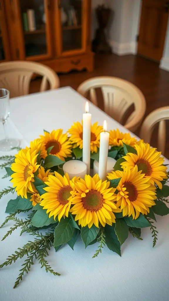 13 Stunning Sunflower Centerpiece Ideas for Your Home Decor 8 A sunny sunflower wreath with white candles in the middle, set on a table.
