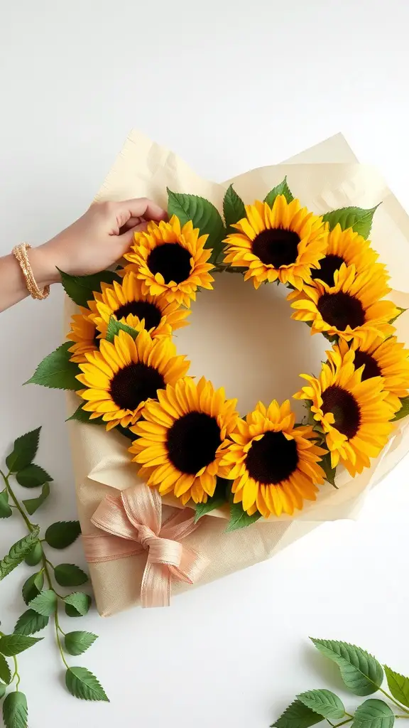 A beautifully arranged sunflower wreath with vibrant yellow flowers and greenery, presented in elegant wrapping.
