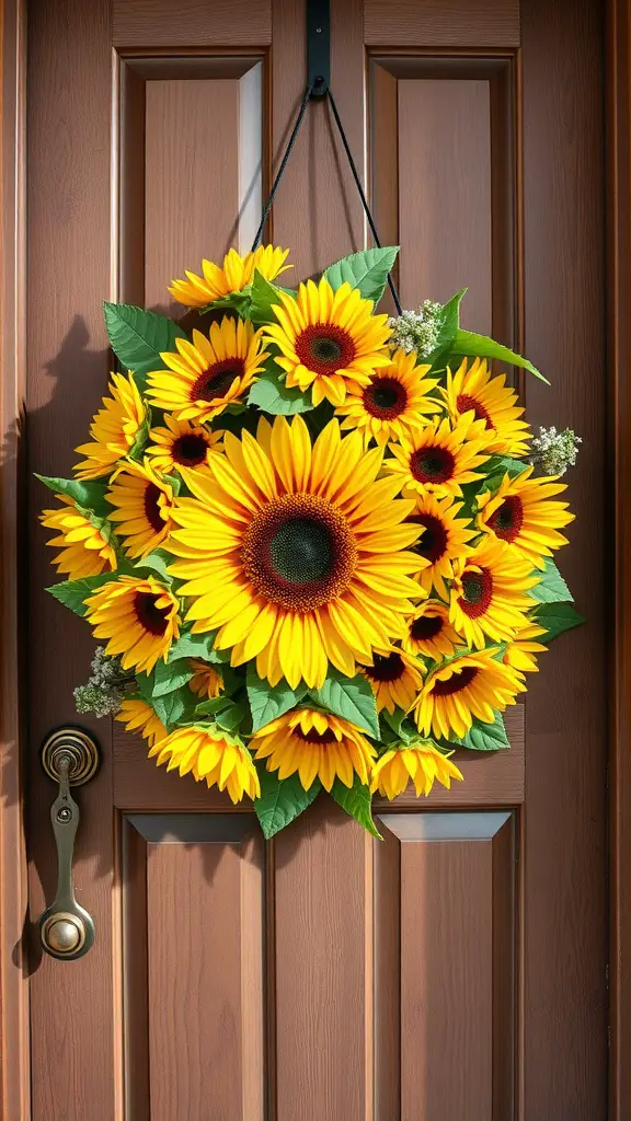 A vibrant sunflower wreath hanging on a front door.
