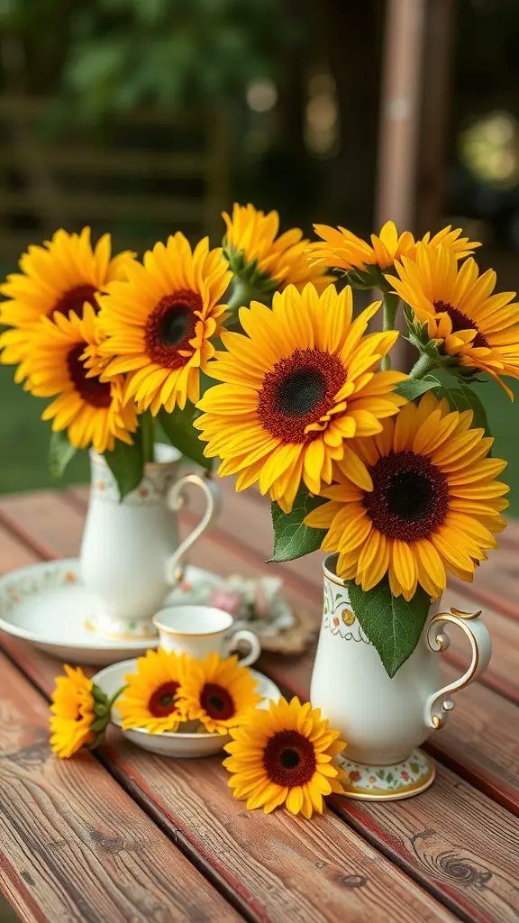 13 Stunning Sunflower Centerpiece Ideas for Your Home Decor 7 Bright sunflowers arranged in vintage tea cups on a wooden table.