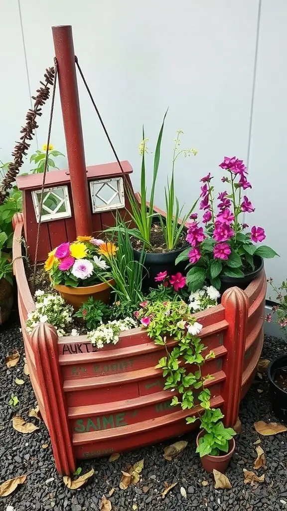 21 Creative Garden Ideas Using Used Boats 15 A colorful boat planter filled with various flowers and greenery.
