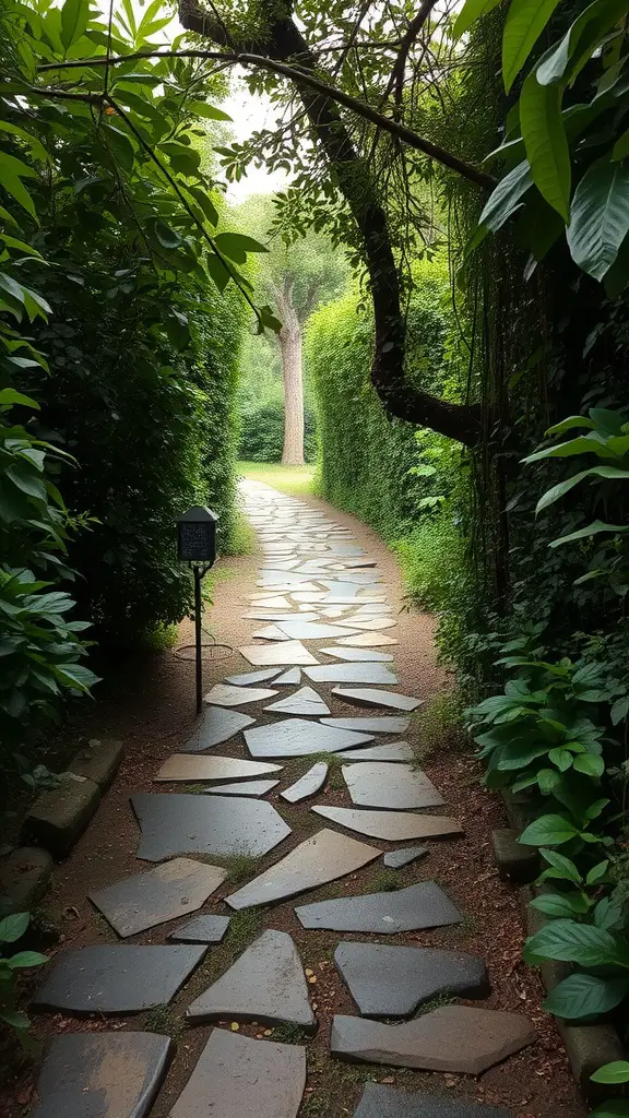 21 Stunning Pathway Landscaping Ideas to Enhance Your Outdoor Space 11 A sunken stone path surrounded by lush green plants and trees.
