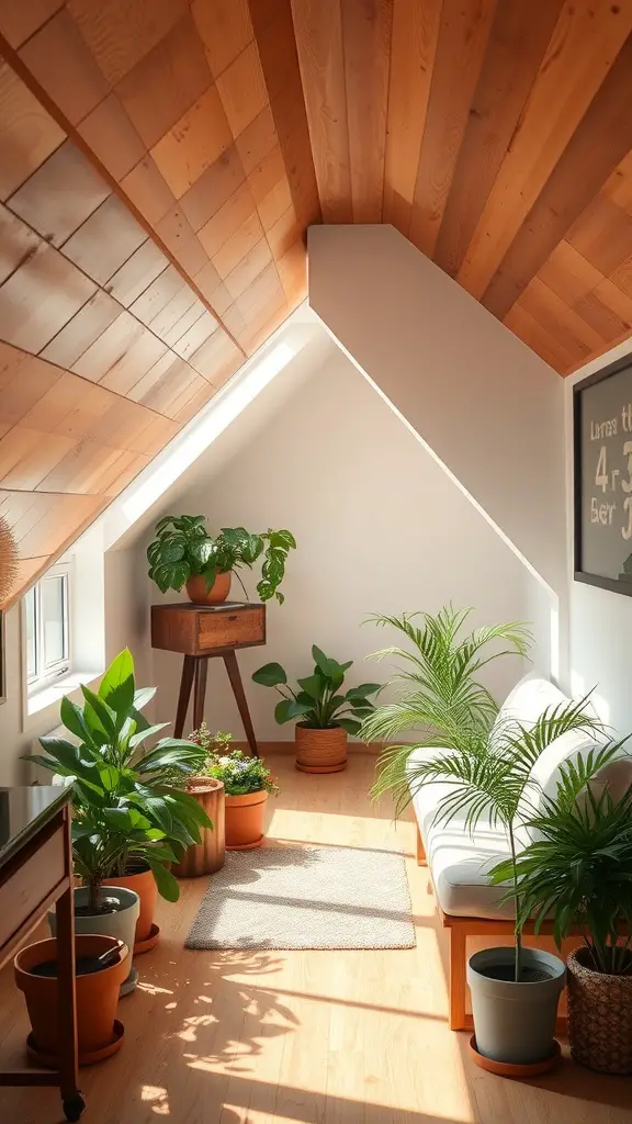A cozy attic nook filled with indoor plants, sunlight streaming through a window, and warm wooden beams overhead.