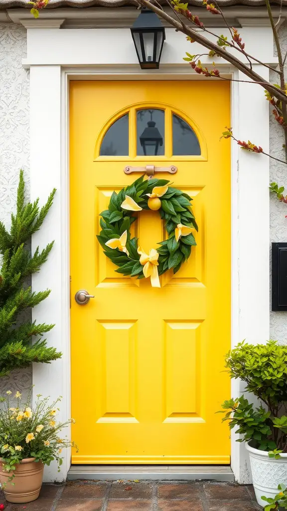 Bright lemon yellow door with an arched window and a decorative green wreath, surrounded by plants.