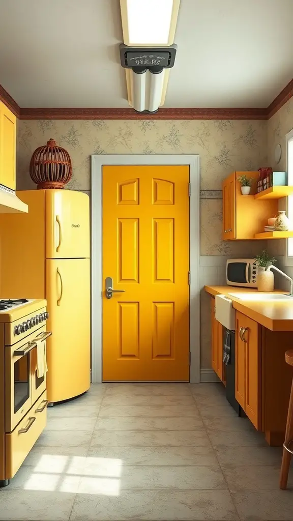A bright mustard yellow door in a retro-style kitchen