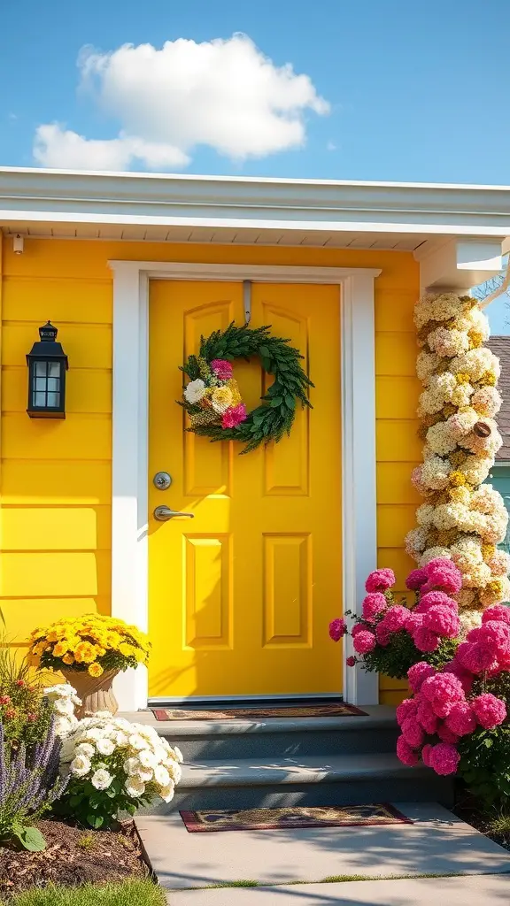 13 Stunning Front Door Color Ideas to Transform Your Home 6 A bright yellow front door with a wreath and colorful flowers surrounding it