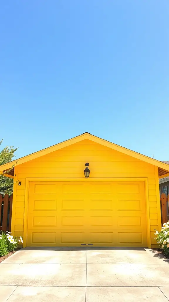 A bright yellow garage door with a clear blue sky