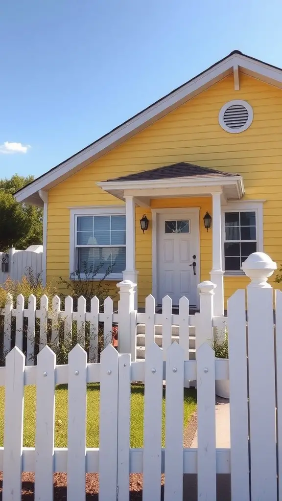 19 Beautiful Exterior House Colors to Transform Your Home 10 A sunny yellow house with a white picket fence and green lawn against a clear blue sky.