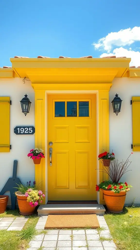 Bright yellow front door of a house surrounded by colorful flower pots and a blue sky