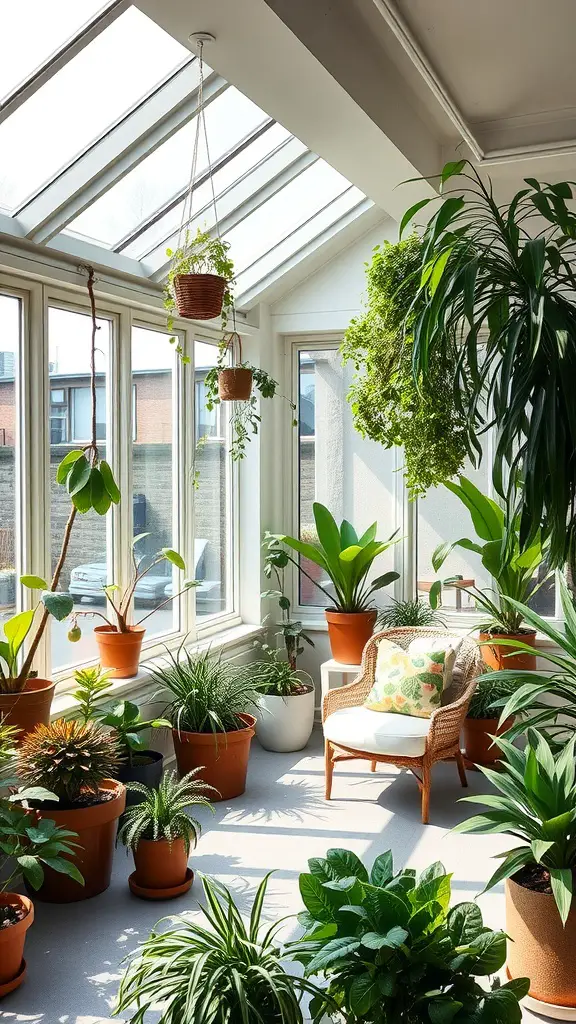 A bright sunroom filled with various potted plants and a comfy chair by large windows.