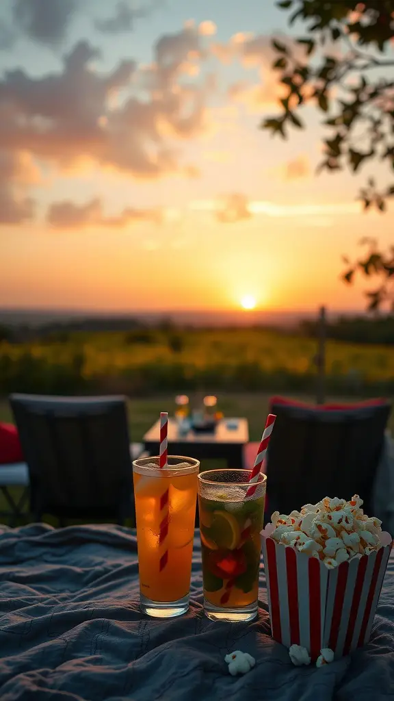 15 Creative Outdoor Movie Night Ideas for Unforgettable Evenings 17 Outdoor movie night setup featuring drinks, popcorn, and a sunset view.