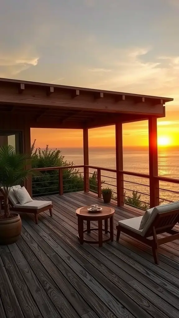 21 Stunning Ideas to Create Your Backyard Oasis 14 A sunset viewing deck with wooden chairs, a small table, and a view of the ocean during sunset.