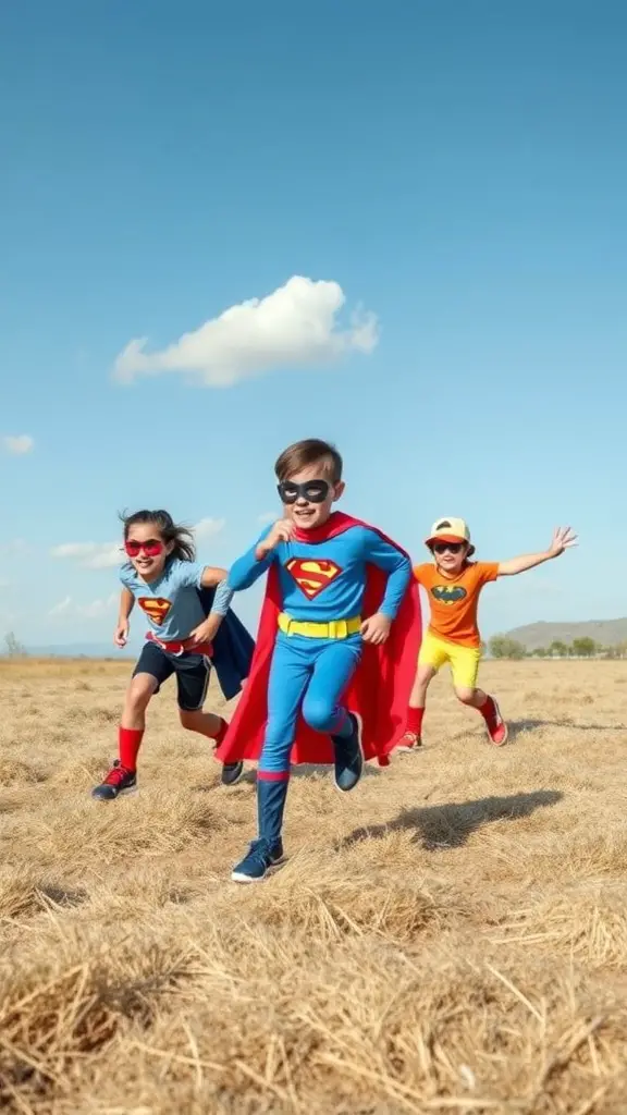 19 Fun Outdoor Birthday Party Ideas for Kids 16 Kids dressed as superheroes running with joy in an outdoor setting.