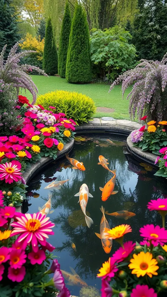 19 Stunning Koi Pond Ideas for Your Backyard Oasis 17 A koi pond surrounded by colorful flower beds, featuring koi fish swimming in clear water and vibrant flowers in shades of pink, yellow, and purple.