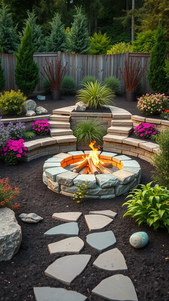17 Stunning Outdoor Fire Pit Area Ideas for Cozy Gatherings 3 Beautiful outdoor fire pit area surrounded by colorful flowers and lush greenery.