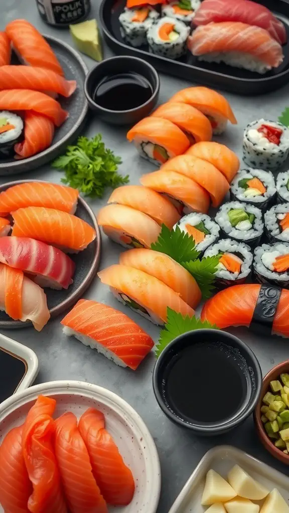 21 Stunning Grazing Table Ideas for Your Next Celebration 10 An assortment of sushi including nigiri and rolls arranged beautifully on a table.