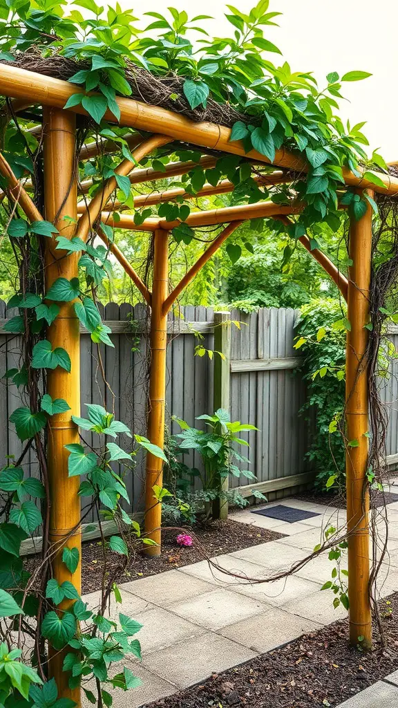 19 Creative Garden Arbor Ideas You’ll Love 13 A bamboo arbor adorned with climbing vines, surrounded by greenery