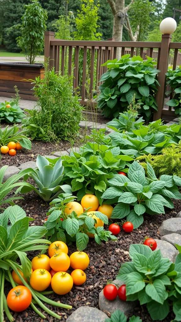 23 Inspiring Modern Garden Ideas to Transform Your Outdoor Space 9 A vibrant sustainable edible garden featuring tomatoes, oranges, and leafy greens in a structured layout.