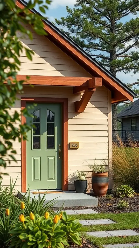 15 Stunning Sage Green Exterior Doors to Inspire Your Home Makeover 17 A sage green door on a light beige house with a landscaped entrance featuring flowers and stone pathways.