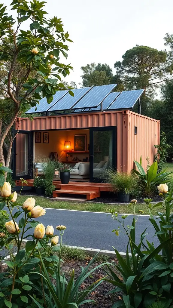 23 Innovative Storage Container Homes You Need to See 6 A shipping container home with solar panels surrounded by greenery and flowers.