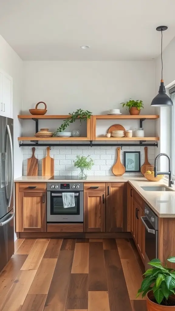21 Stunning Luxury Kitchen Design Ideas for Your Dream Home 12 A modern kitchen with wooden cabinets, open shelving, and plants, showcasing sustainable luxury materials.