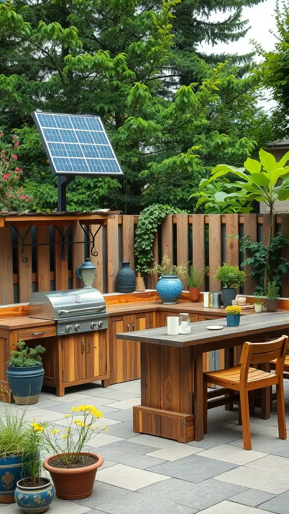 19 Stunning Covered Outdoor Kitchen Design Ideas You’ll Love 13 An outdoor kitchen featuring wooden cabinets, a solar panel, and potted plants in a natural setting.