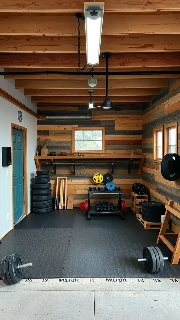 21 Inspiring Garage Gym Ideas for Your Home Workout Space 16 A garage gym featuring sustainable materials, including reclaimed wood walls and rubber flooring.