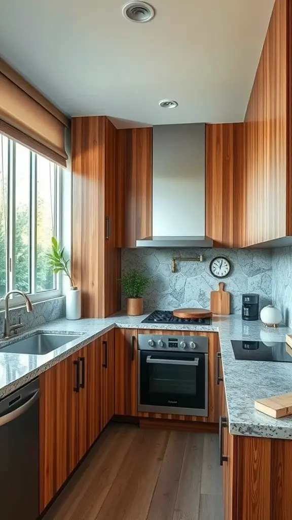 23 Stunning Modern Kitchen Ideas You Need to See 4 Modern kitchen with wooden cabinets and granite countertops, featuring a plant by the window.