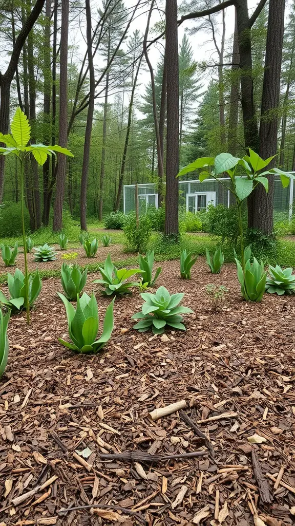 15 Inspiring Forest Garden Ideas for Your Outdoor Space 11 A forest garden with plants surrounded by brown mulch, showcasing sustainable mulching practices.