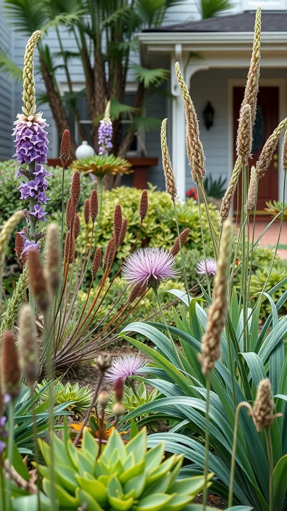 13 Stunning No Grass Front Yard Ideas for a Low-Maintenance Landscape 2 A vibrant garden with various native plants, featuring colorful flowers and diverse foliage.