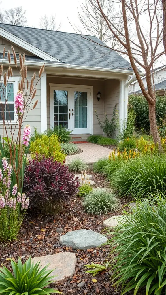 17 Stunning Modern Front Yard Landscape Designs You Need to See 10 A beautiful front yard with native plants, stones, and a pathway leading to a home.