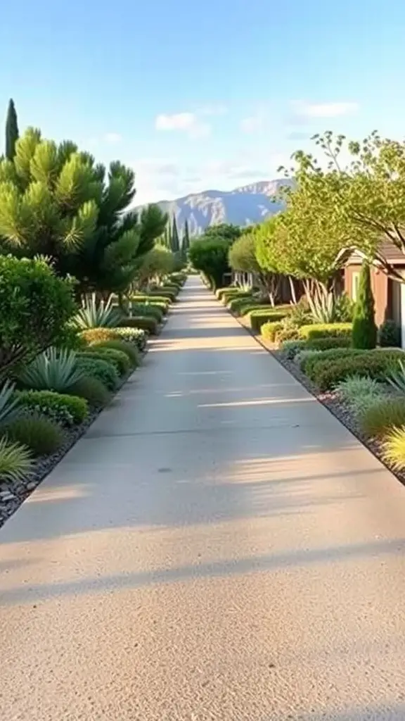 21 Stunning Long Driveway Landscaping Ideas You’ll Love 8 A long driveway lined with various native plants and trees, leading towards a mountain backdrop.