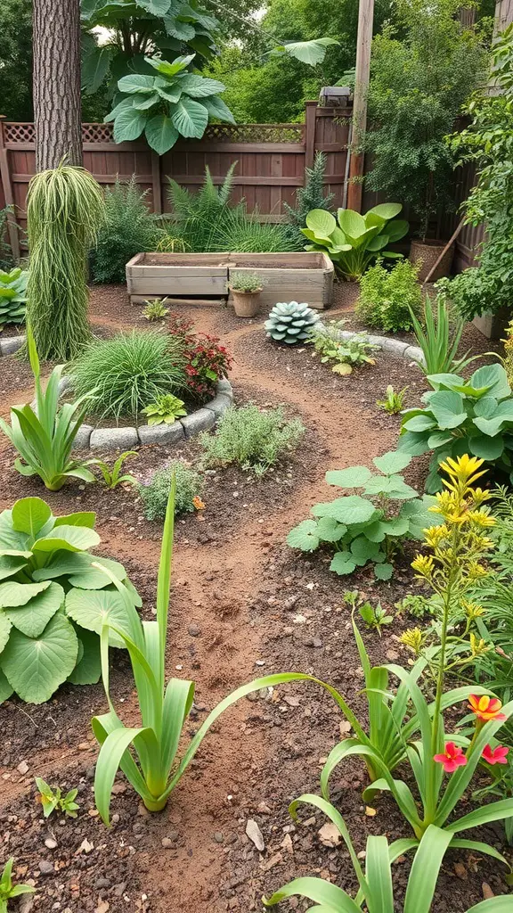 27 Creative Enclosed Garden Ideas for Your Outdoor Oasis 11 A sustainable permaculture garden with varied plants, raised beds, and a winding path.