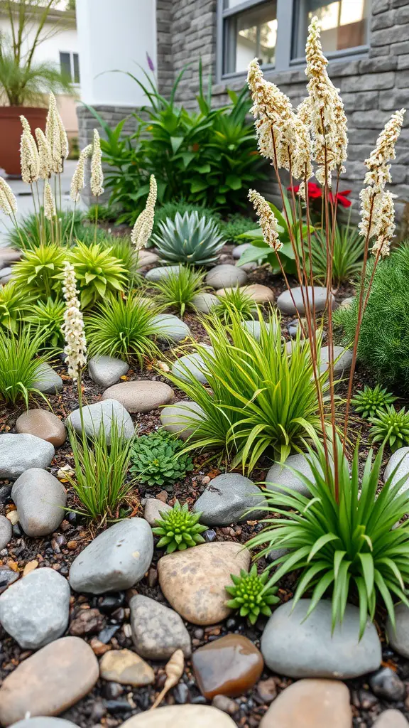 21 Stunning Ideas to Create Your Backyard Oasis 17 A sustainable rain garden featuring various plants and stones for natural water management.