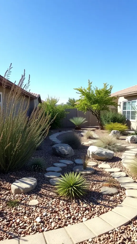 19 Modern Backyard Landscaping Ideas to Transform Your Outdoor Space 4 A xeriscaped backyard featuring stones, gravel, and drought-resistant plants with a clear blue sky.