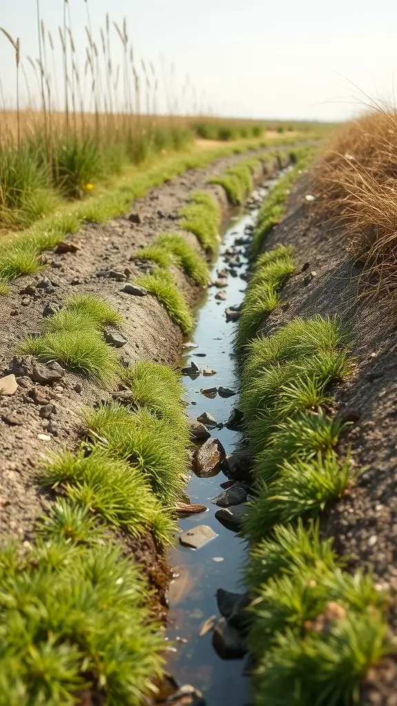 23 Creative Rain Gutter Drainage Ideas for Your Home 7 A swale lined with grass and rocks, showcasing natural drainage