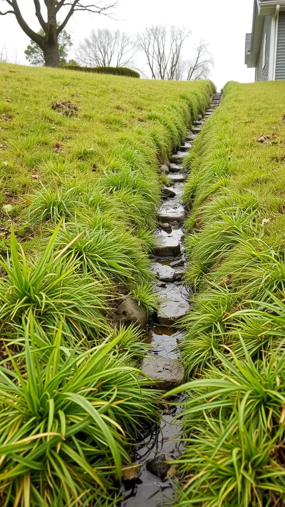 A grassy swale with stones running down a slope, designed for water control.