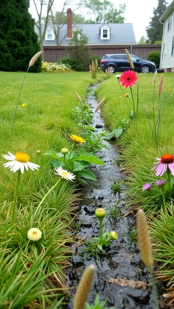 25 Creative Yard Drainage Ideas to Transform Your Outdoor Space 6 A swale with blooming flowers and grass, efficiently channeling rainwater in a yard.