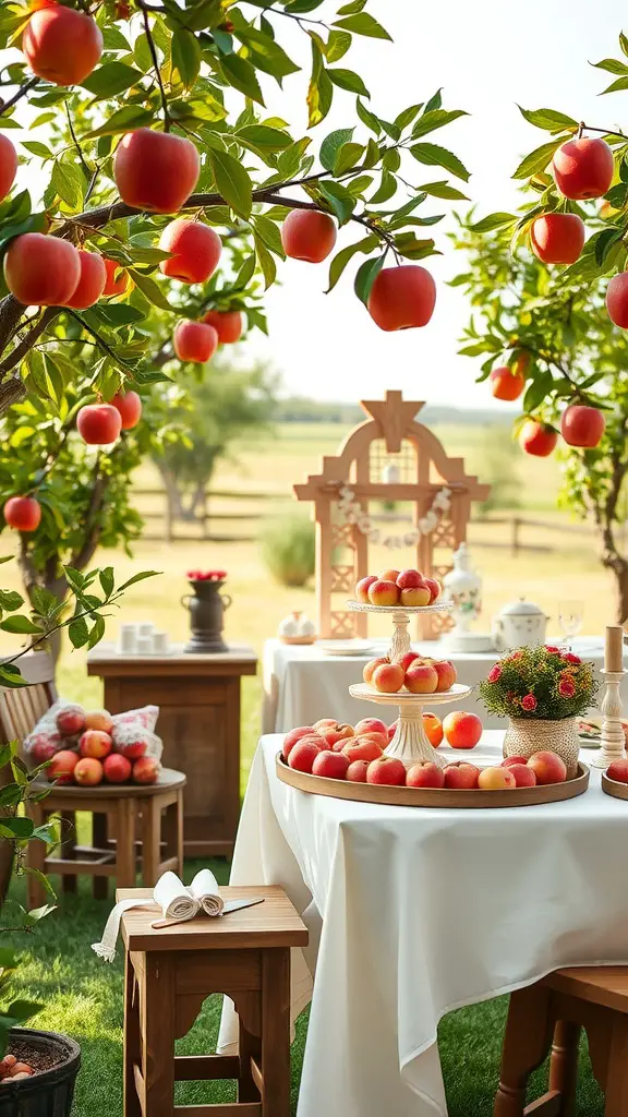A picturesque outdoor setting with apple trees and a table displaying apples and decor.