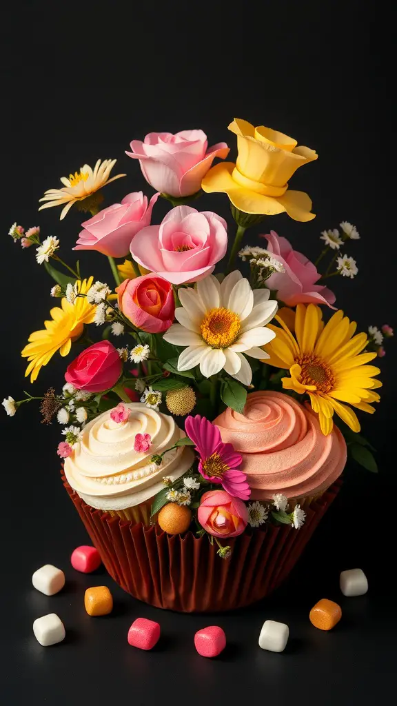 A cupcake centerpiece decorated with colorful flowers and candies.