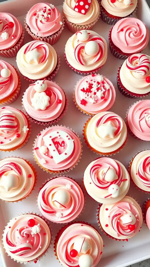 21 Creative Christmas Baby Shower Ideas You’ll Love 15 A tray of colorful Candy Cane Cupcakes decorated with pink and white frosting, candy canes, and festive sprinkles.