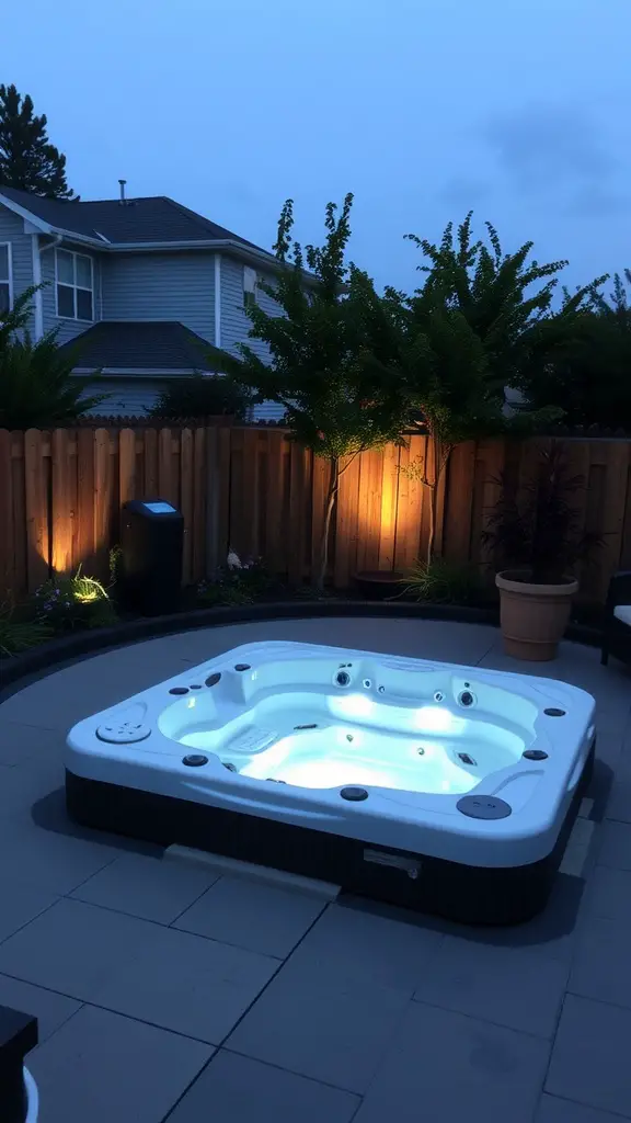 A cozy swim spa at night, featuring soft illumination, greenery, and a wooden fence.