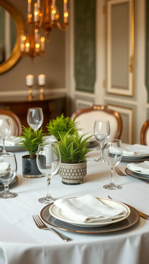 Table centerpiece featuring small potted plants in decorative pots, elegantly set with fine dining ware.