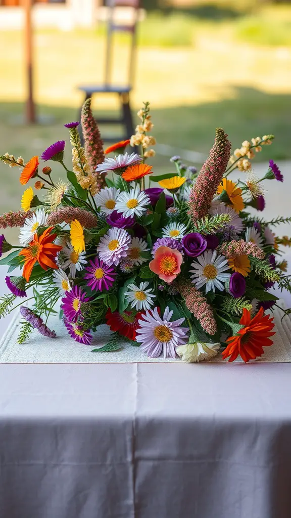27 Stunning Wedding Round Table Centerpieces You Need to See 16 A vibrant centerpiece of mixed wildflowers on a table runner