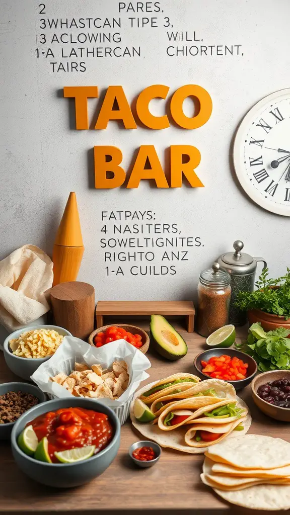 21 Stunning Grazing Table Ideas for Your Next Celebration 5 A colorful taco bar setup with various ingredients and toppings.