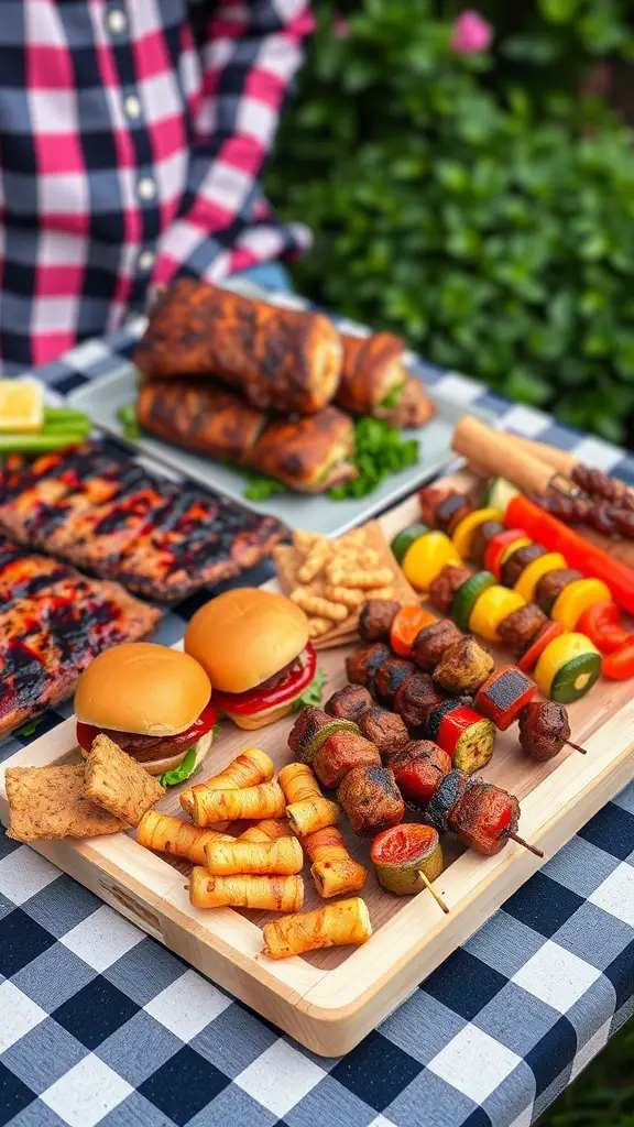 25 Creative Baby Q Shower Ideas to Celebrate Your Little One 8 A variety of tasty finger foods, including sliders, skewers, and snacks, displayed on a picnic table.